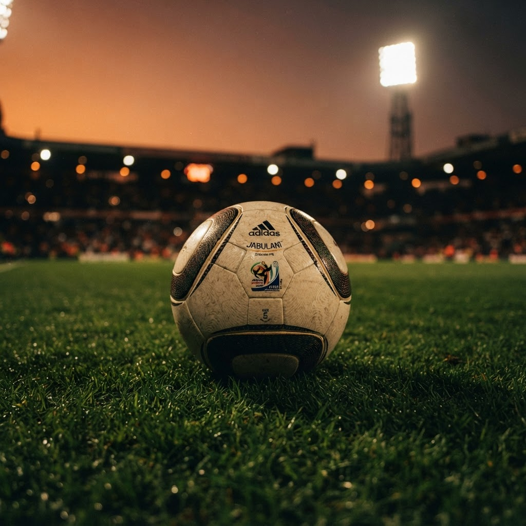 Football on a stadium pitch under floodlights